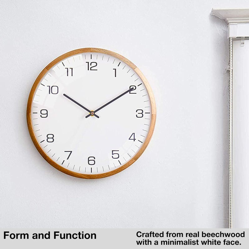 Driini Analog Dome Glass Wall Clock (12") - Wood Frame with White, Modern Face - Battery Operated with Non Ticking Hands - Large Decorative Clocks for Classroom, Office, Living Room, or Bedrooms. - Image 2